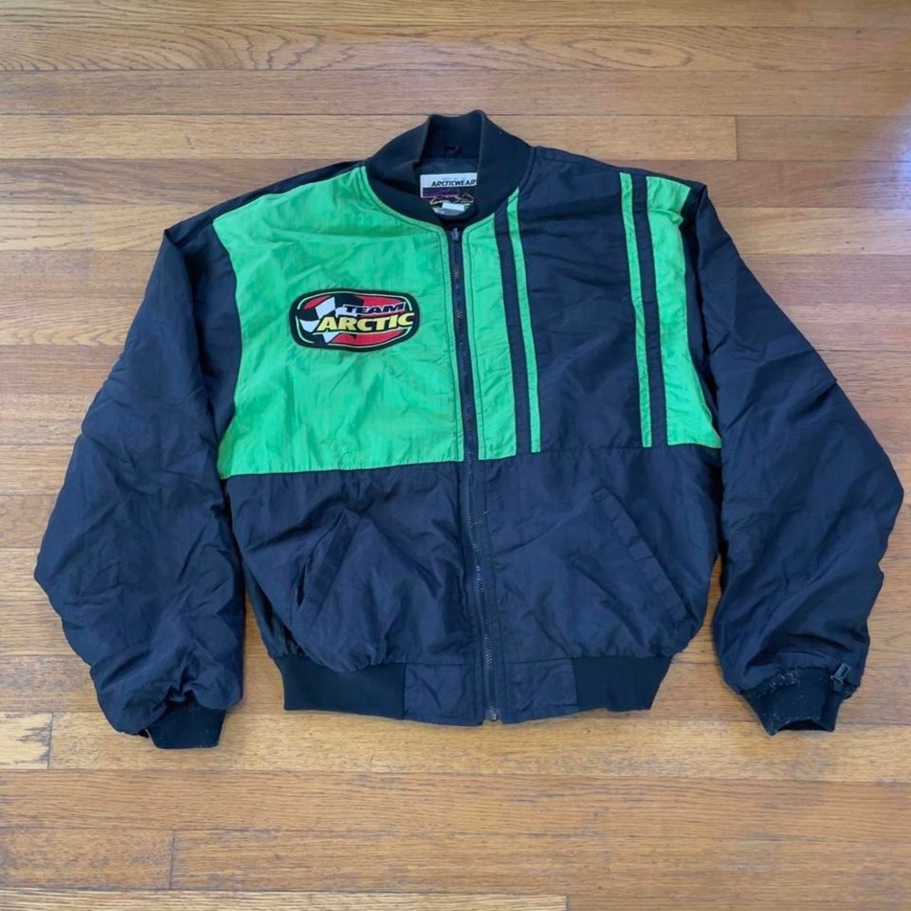 VTG 80s / 90s Team Arctic Arctic Cat Snowmobile‎ racing zip bomber jacket L USA